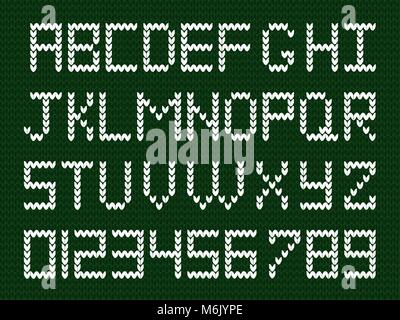 Fabric script on deep green knitted background. White knitted letters and numerals. Vector illustration, signs, symbols for text creation. Stock Vector