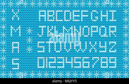 White knitted alphabet and numerals on blue fabric background framed with snow flakes. Fabric christmas or new year script. Knit festive winter alphab Stock Vector