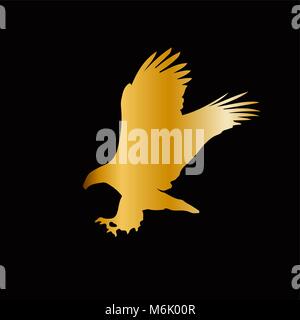 Golden silhouette of eagle  isolated on black background. Vector illustration, clip art, icon, sign, symbol of eagle for design. Stock Vector