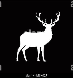 White silhouette of reindeer with big horns isolated on black background. Vector illustration, icon, sign, symbol of deer. Stock Vector