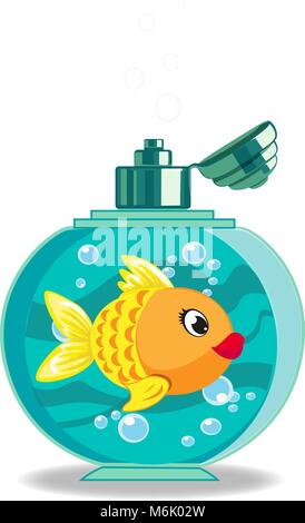 Cute cartoon goldfish in soap bottle isolated on white background. Vector illustration, icon, clip art. Stock Vector