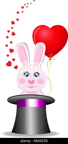 Magic hat with cute bunny with red heart shaped balloon and many hearts around. Rabbit appears from cylinder hat isolated on white background. Vector  Stock Vector