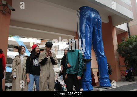 Chongqing, Chongqing, China. 4th Mar, 2018. Chongqing, CHINA-4th March 2018: A 5-meter-tall trousers shaped sculpture can be seen at a school in southwest China's Chongqing. Credit: SIPA Asia/ZUMA Wire/Alamy Live News Stock Photo