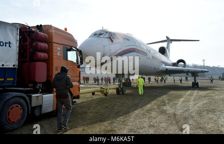 Enthusiasts from the Aviation Museum in Kunovice, Czech Republic moved the Tupolev Tu-154 former government aircraft, so called Nagano Express, to the new honorable place, on March 3, 2018. For the plane, which was hosted by Czech ice hockey players from the Nagano Olympics 1998, the museum built a new concrete platform. (CTK Photo/Dalibor Gluck) Stock Photo