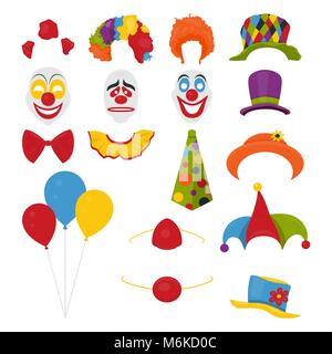 Vector Party Birthday or 1th april - Fool s Day - photo booth props. Hats, wigs, neckties, clown noses, masks, balloons and cylinder icon set isolated on white background. Clipart, design templates for graphics Stock Vector
