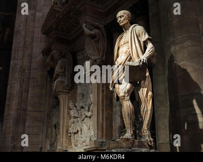 This statue rests within the Milano cathedral, and depicts st. Bartholomew. The drapery is in fact his skin, since he was flayed. Stock Photo