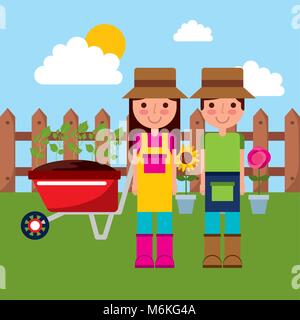 happy gardener couple with wheelbarrow potted flowers and fence Stock Vector