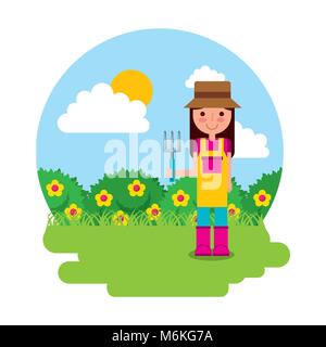 girl the gardener holding rake flowers Stock Vector