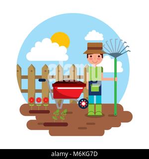 gardener character with rake garden wheelbarrow flowers gardening theme Stock Vector