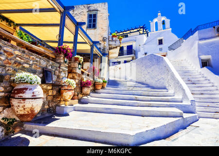 Old streets of Greece,view with tradititonal church and floral decoration,Naxos. Stock Photo