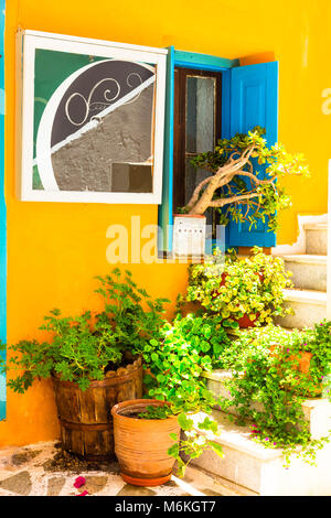 Old streets of Greece,view with flowers and stairs,Naxos. Stock Photo