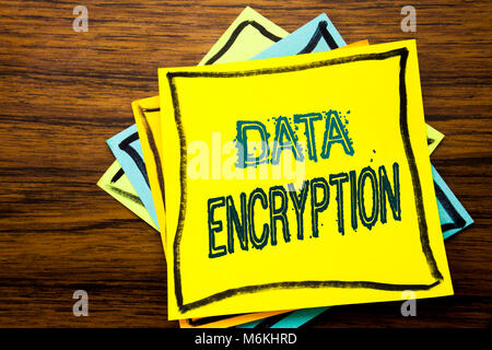Conceptual hand writing text caption inspiration showing Data Encryption. Business concept for Information Security written on sticky note paper on wo Stock Photo