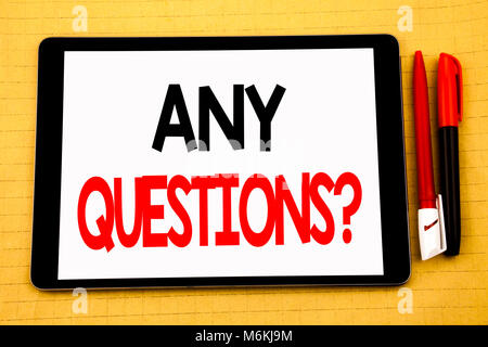 Conceptual handwriting text caption inspiration showing Any Questions. Business concept for Answer Help Question Written on tablet, wooden background  Stock Photo