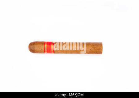 Smoking Cigar with red label isolated on a white background Stock Photo