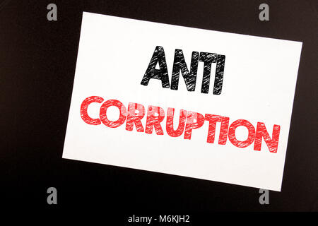 Hand writing text caption inspiration showing Anti Corruption. Business concept for Bribery Corrupt Text written on sticky note, black background copy Stock Photo