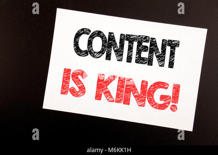 Hand writing text caption inspiration showing Content Is King. Business concept for Online Internet Data written on sticky note, black background copy Stock Photo