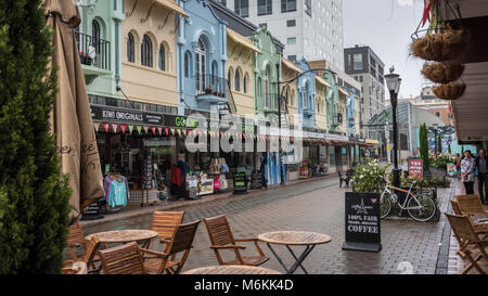 Colourful Shopping Area, Christchurch, South Island, New Zealand Stock Photo