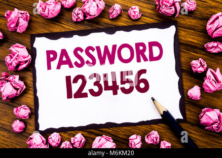Hand writing text caption inspiration showing Password 123456. Business concept for Security Internet Written on sticky note paper, wooden background  Stock Photo
