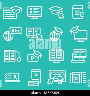 Line Online Education Vector Icons. Online lecture, diploma, communication. Simple set Stock Vector