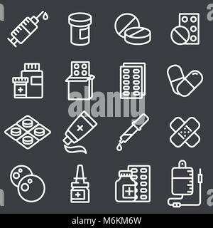 Pills capsules and bottles icons set. Line style stock vector. Stock Vector