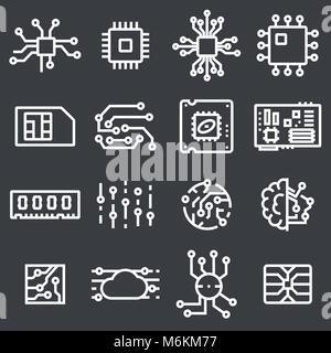 Simple Set of Computer Chips Related Vector Icons on Gray Background Stock Vector