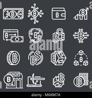 Set of Thin Line Stroke Vector Bitcoin and Cryptocurrency Icons on Gray Background Stock Vector