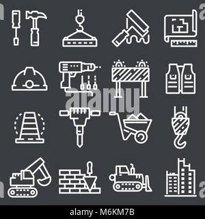 vector line white construction icon set on gray Stock Vector