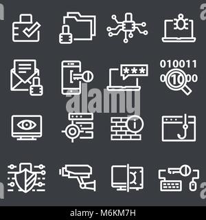Cyber security, thin line design. Hacking database, linear symbols collection Stock Vector