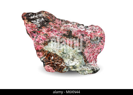 Macro shooting of natural gemstone. Natural rock specimen of eudialyte. Isolated object on a white background. Stock Photo