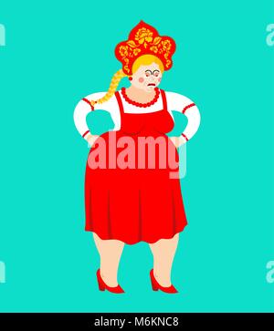 Russia angry. Russian Girl evil. Female aggressive in national costume. ethnic Historical   cap Kokoshnik with Khokhloma painting. folk Dress. Stock Vector