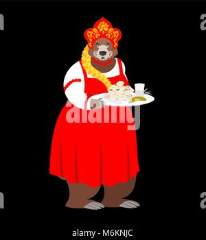 Welcome to Russia. Russian bear and Vodka and dumplings. National food. Tradition of meeting guests. Hospitality. Beast in national costume. ethnic Hi Stock Vector