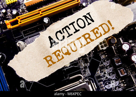 Handwriting Announcement text showing Action Required. Business concept for Immediate Urgent Written on sticky, computer main board background. Stock Photo