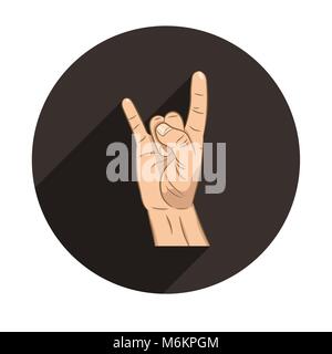 Realistic hand with rock n roll sign icon with long shadow. Rock band. Culture. Flat design for social networks, web sites, apps. Stock Vector