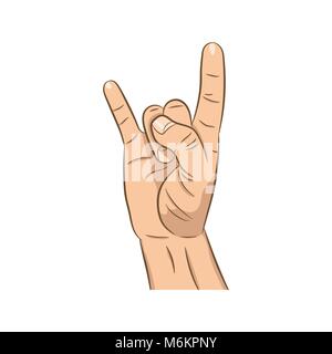 Realistic hand with rock n roll sign icon with long shadow. Rock band. Culture. Flat design for social networks, web sites, apps. Stock Vector