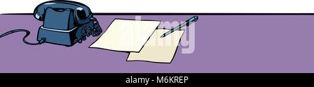 office Desk with phone isolated on white background. Pop art retro vector illustration comic cartoon vintage kitsch Stock Vector