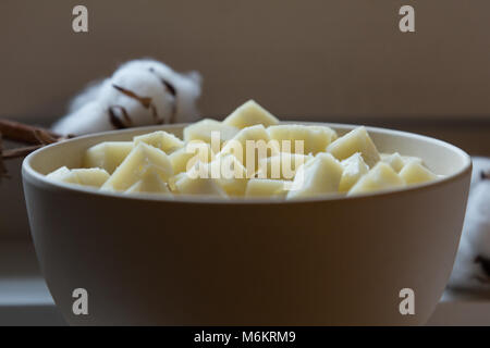 Bowl with a typical italian goat cheese, pecorino romano, placed on the window sills, with cotton flowers in the background. Concept of homemade natur Stock Photo