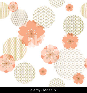 Japanese pattern with Cherry blossom elements vector. Gold geometric background. Stock Photo