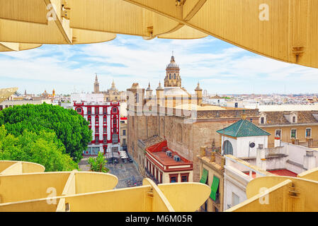 Seville, Spain - June 08,2017: Panoramic view of the city of Seville from the observation platform Metropol Parasol, locally also known as Las Setas.  Stock Photo