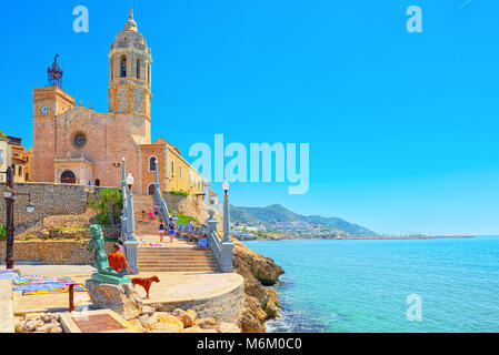 Sitges, Spain - June 14, 2017 : Sitges Town Hall and Church  Parish of Saint Bartholomew and Santa Tecla in small resort town Sitges, in the suburbs o Stock Photo
