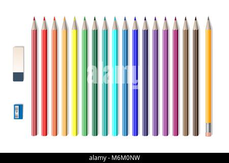 Set of colored realistic pencils with sharpener and eraser isolated on white. School tools, Colored pencils vector illustration Stock Vector