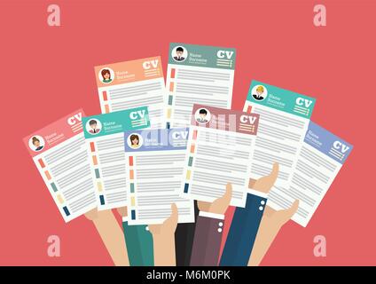 Hands holding cv resume documents. Applying for job Stock Vector