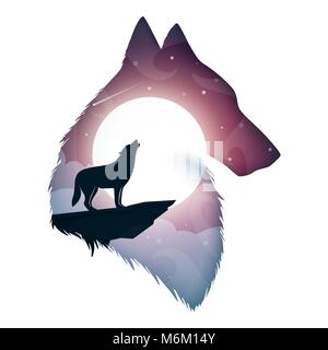 Wolf illustration. Cartoon paper landscape. Stock Vector