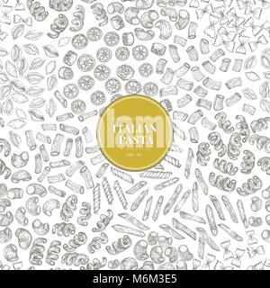 Seamless vector pattern with different types of traditional Italian pasta. Hand drawn vector illustration. Can be use for menu or packaging design. Ba Stock Vector