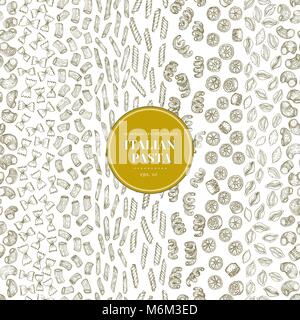 Seamless vector pattern with different types of traditional Italian pasta. Hand drawn vector illustration. Can be use for menu or packaging design. Ba Stock Vector