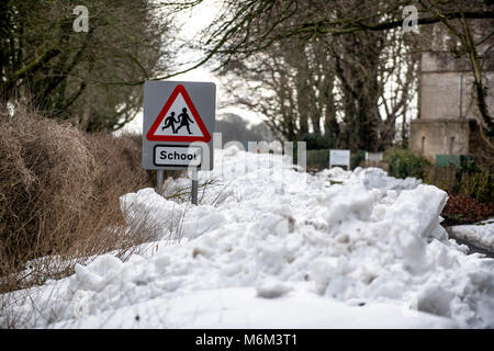 Roads around Bath in Somerset remain closed due to snow or partially cleared as the Storm Emma thaw continues. Stock Photo