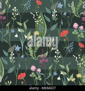 Herbs and Wild Flowers vector seamless pattern of botany texture bdckground illustrations vintage flowes images Stock Vector