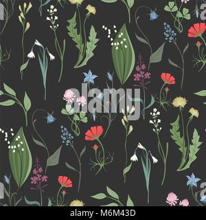 Herbs and Wild Flowers vector seamless pattern of botany texture bdckground illustrations vintage flowes images Stock Vector