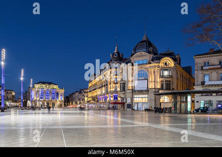 Place de la Comedie at dusk - large square in the center of Montpellier, Occitanie, France Stock Photo