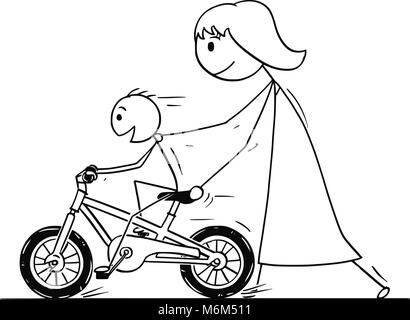 Cartoon of Mother and Son Learning to Ride a Bike or Bicycle Stock Vector