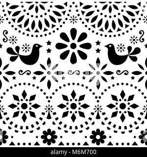 Mexican folk art vector seamless pattern with birds and flowers, black and white fiesta design inspired by traditional art form Mexico Stock Vector